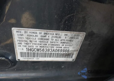 2003 Honda Accord 2.4 Lx z USA, uszkodzony, nr VIN 1HGCM56383A069986